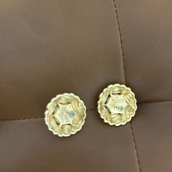 Napier Signed Gold Plated Earrings Faux Pearl Braided Circle with Post Backing. - Picture 2 of 4